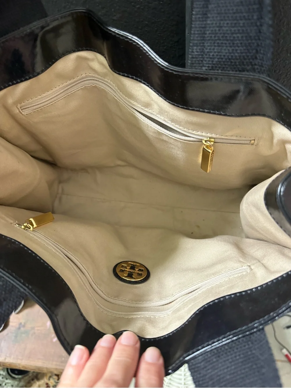Tory Burch Black Patent Leather Logo Tote